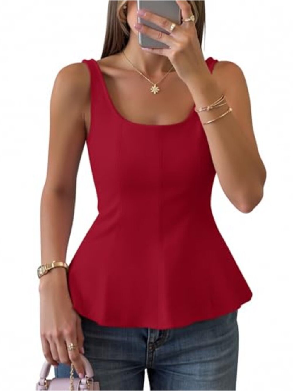 Sleeveless Square Neck Ruffle Hem Fitted Tank Top